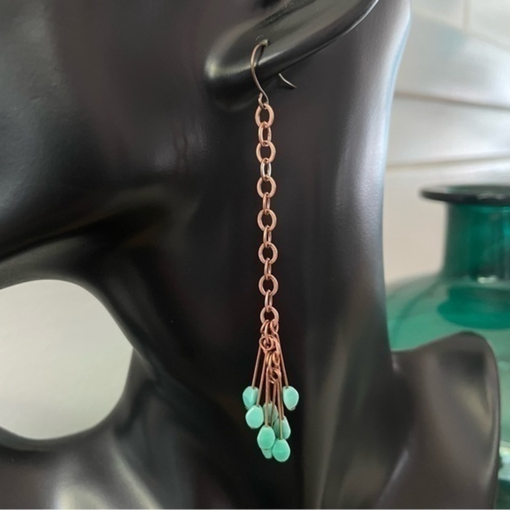 2/$29 Handmade Long Czech Glass Copper Dangle Earrings 3.75” Blue Green - Picture 3 of 4